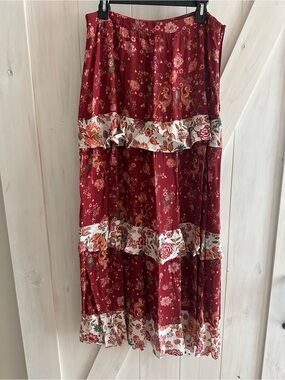 FARM Rio Burgundy Floral Tiered Maxi Skirt with Cream Floral Bands